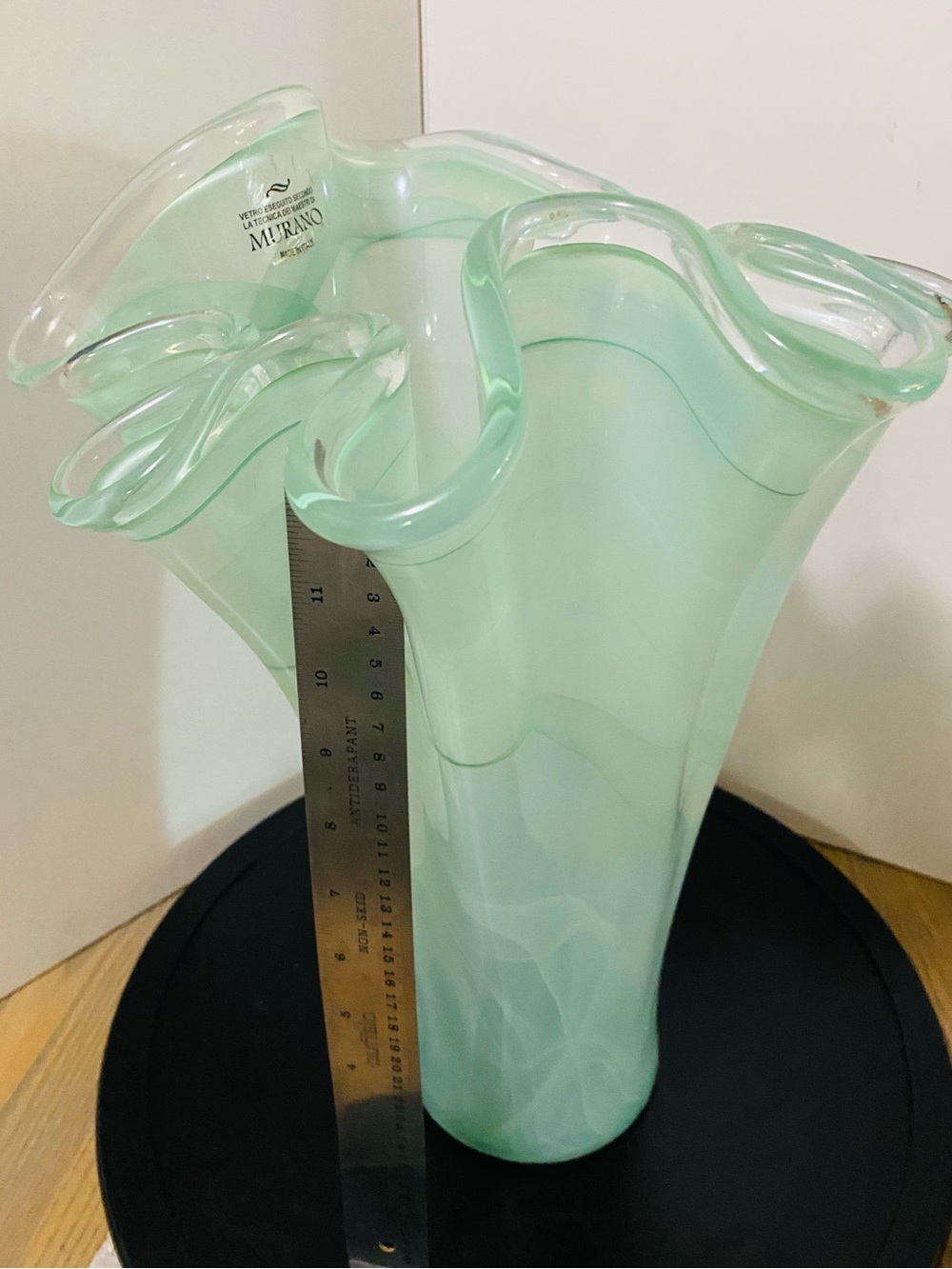 Murano Pale Green Ruffled Art Glass Vase
